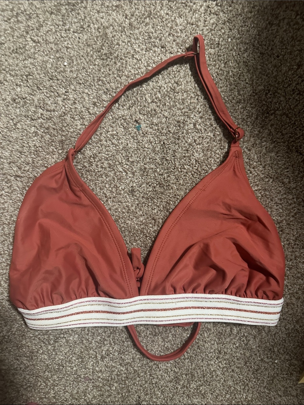 Rust Red Triangle Bikini Top with Striped Elastic Band